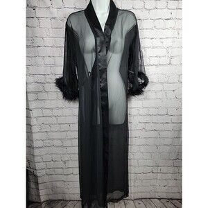 Womens Private Luxuries Sheer Black Robe With Feather Detail size small